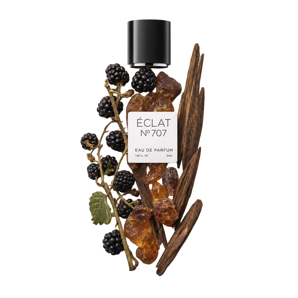 Un arrangement de mûres, résines d'ambre et bâtons en bois entoure le capuchon noir d'origine avec étiquette d'ÉCLAT 707 VIP.