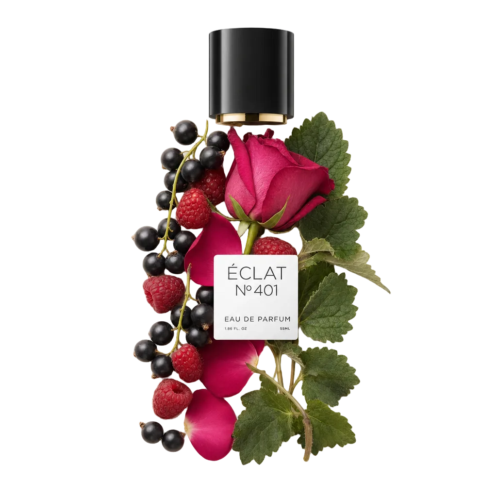Un arrangement de cassis, framboises, une rose rose et des feuilles vertes entourent un capuchon noir avec une étiquette pour ÉCLAT Blackcurrant & Raspberry.