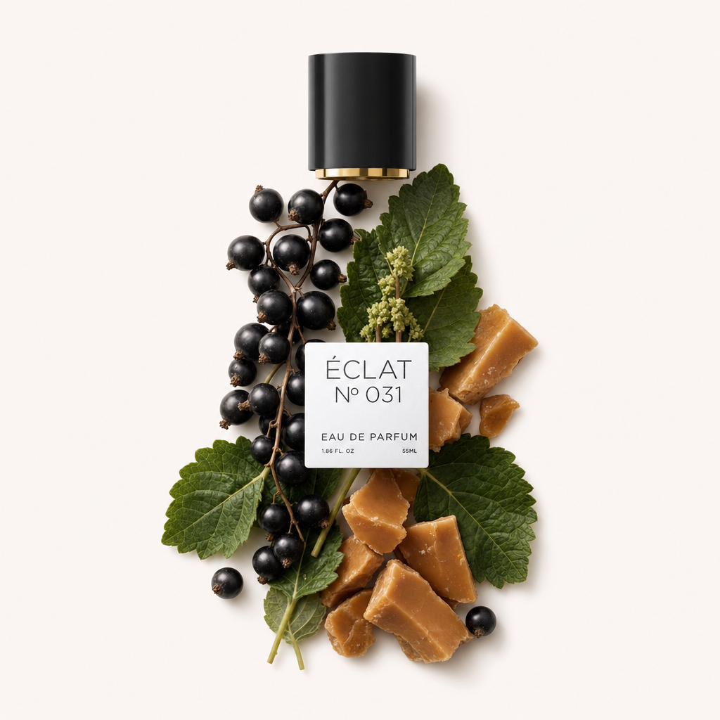 Un arrangement de cassis et de morceaux de caramel avec des feuilles vertes entoure un capuchon noir portant l'étiquette ÉCLAT Blackcurrant & Toffee.