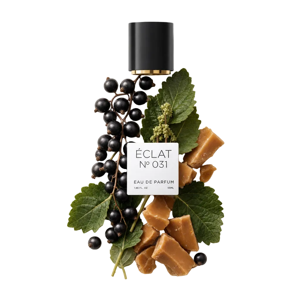 An arrangement of blackcurrants and toffee pieces with green leaves surrounds a black cap bearing the ÉCLAT Blackcurrant & Toffee label.