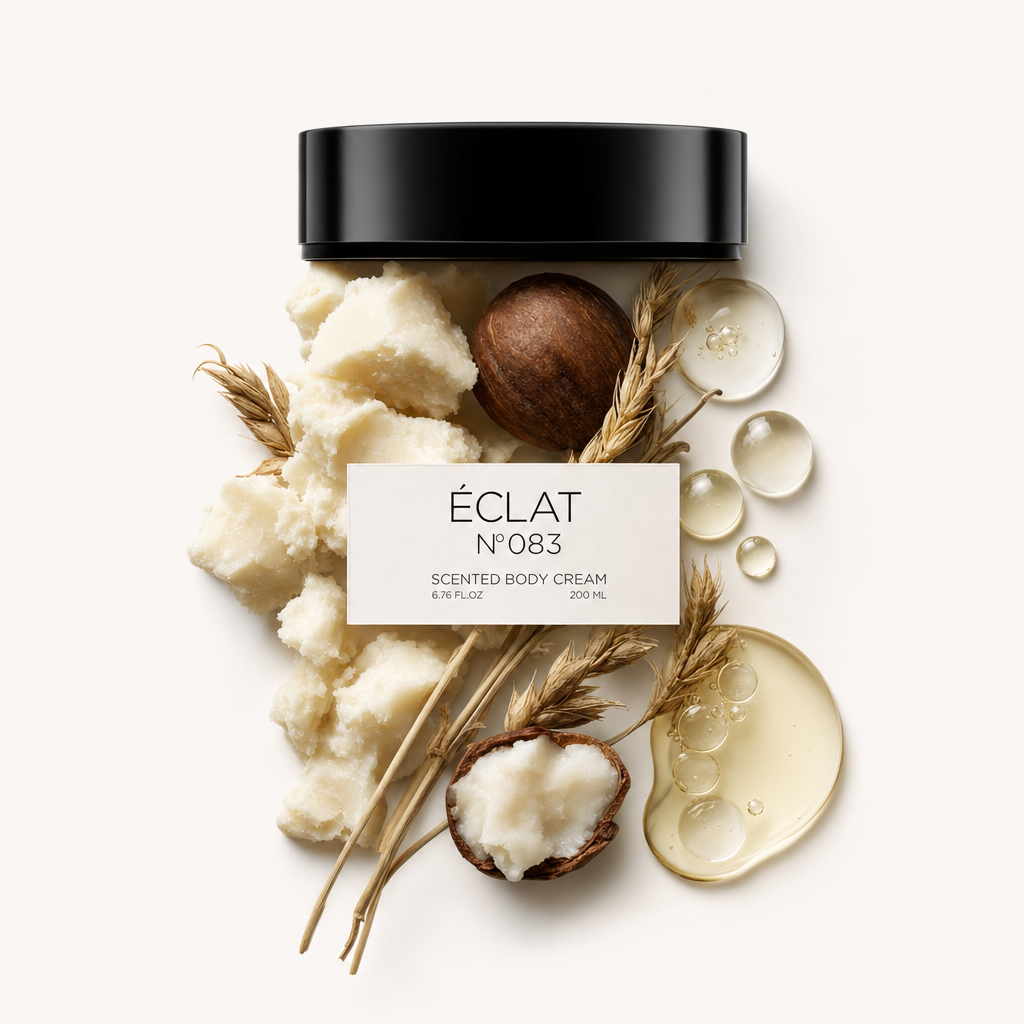 Um arranjo de pedaços de manteiga de karité, hastes de trigo, uma noz inteira e gotas de óleo, envolvendo a tampa preta com etiqueta do creme corporal ÉCLAT 083.