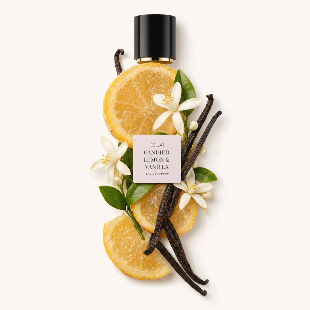 Un arreglo de rodajas de limón confitadas, vainas de vainilla y flores blancas rodea una tapa negra con una etiqueta que dice ÉCLAT Candied Lemon & Vanilla.
