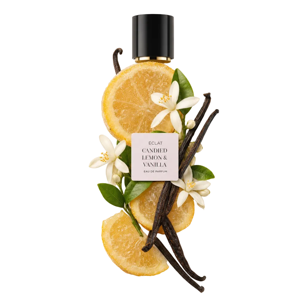 An arrangement of candied lemon slices, vanilla pods, and white blossoms surrounds a black cap with a label reading ÉCLAT Candied Lemon & Vanilla.