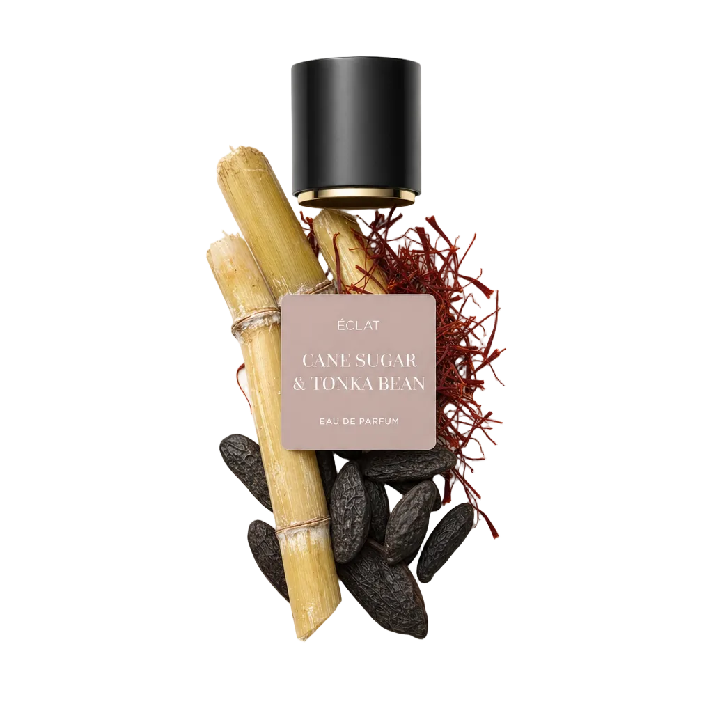 Een arrangement van rauwe tonkabonen, suikerrietstokken en saffraandraadjes, met een zwarte dop met het ÉCLAT Cane Sugar & Tonka Bean-etiket.