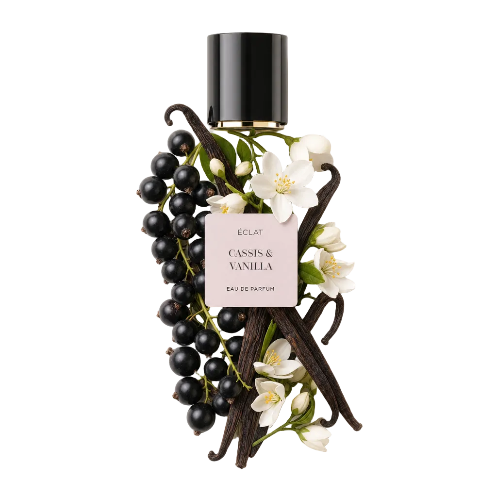 Een arrangement van zwarte bessen, vanillepeulen en witte bloemen omringt een zwarte dop met label voor ÉCLAT Cassis & Vanilla.