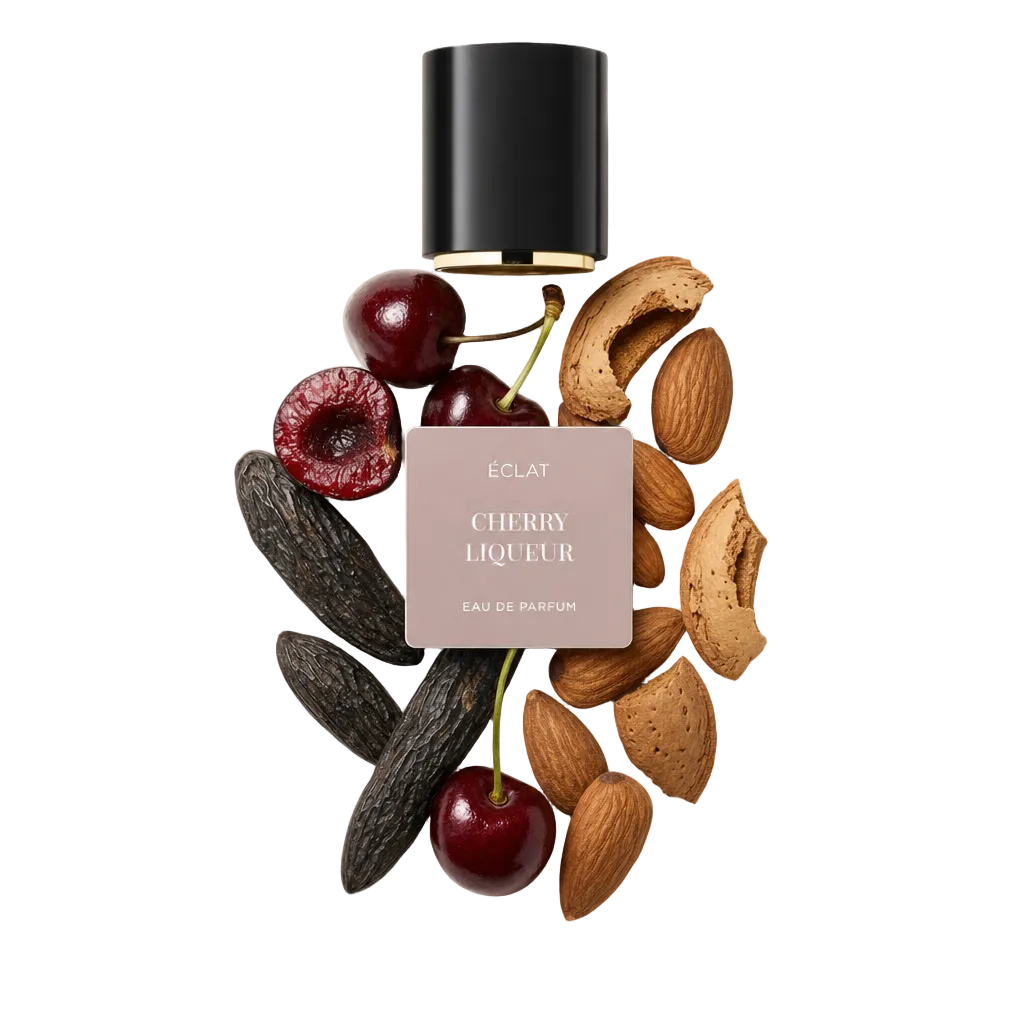 Une nature morte soigneusement agencée de cerises, gousses de vanille, amandes et coques entoure un bouchon noir avec une étiquette ÉCLAT Cherry Liqueur.