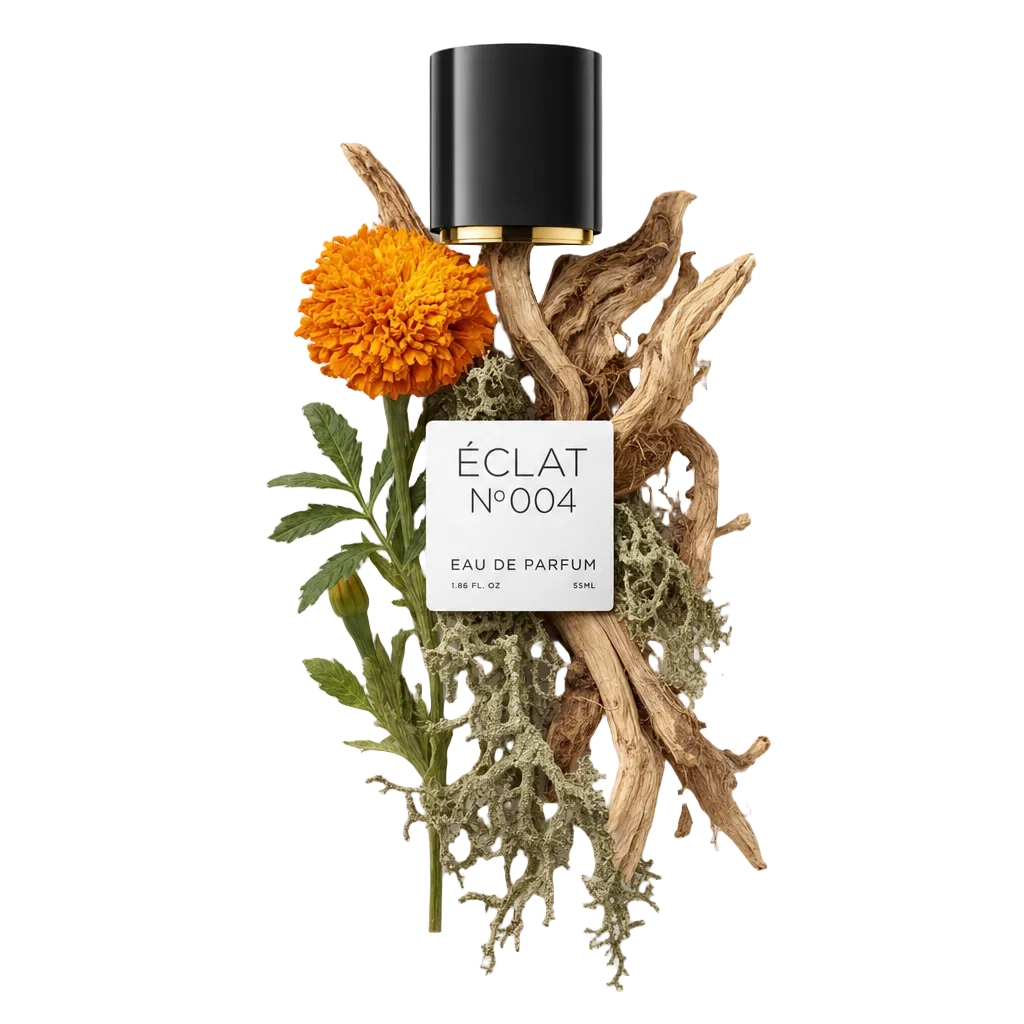 Een kunstzinnige opstelling van oranje goudsbloem, groene bladeren, gedraaid hout en mos omringt een zwarte dop met een etiket van ÉCLAT Chypre Marigold.