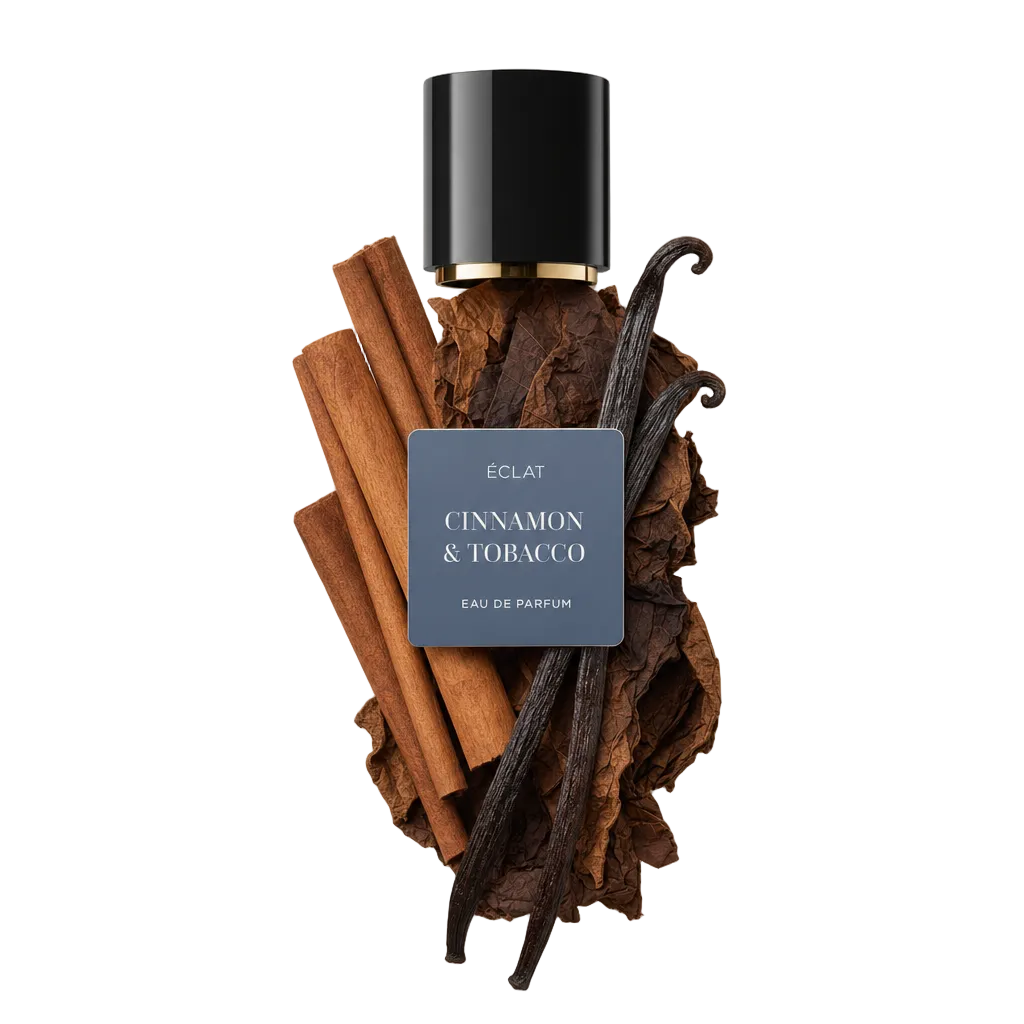 Une composition de bâtons de cannelle, de feuilles de tabac et de gousses de vanille entoure un capuchon noir avec une étiquette portant le nom ÉCLAT Cinnamon & Tobacco.