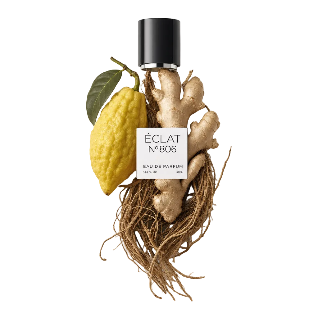 Uma natureza morta cuidadosamente disposta com cidreira e gengibre reais, acompanhada pela tampa original preta ÉCLAT com etiqueta.