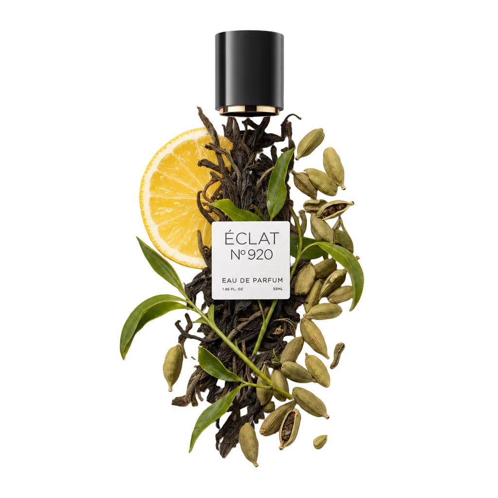 Un arrangement de tranches d'agrumes, gousses de cardamome et feuilles vertes avec un capuchon noir ÉCLAT avec étiquette.
