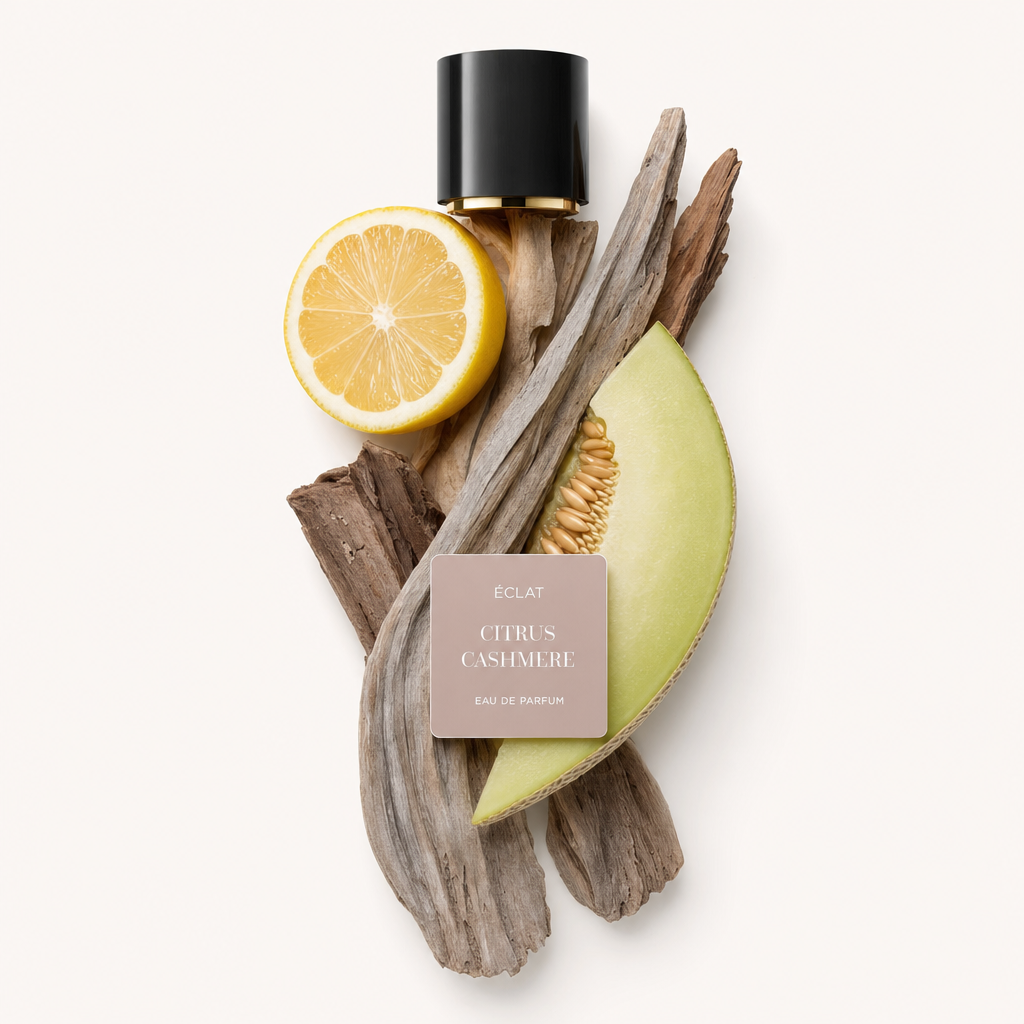 Ett arrangemang av citrusskivor och en melonskiva på drivved, som visar doftnoterna av ÉCLAT Citrus Cashmere under en svart lock med etikett.