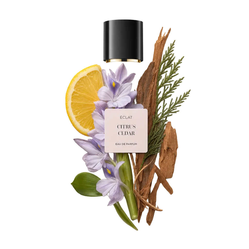 Un arreglo artístico de rodajas de cítricos, flores moradas en flor, madera de cedro y follaje, con una tapa negra con etiqueta ÉCLAT en la parte superior.