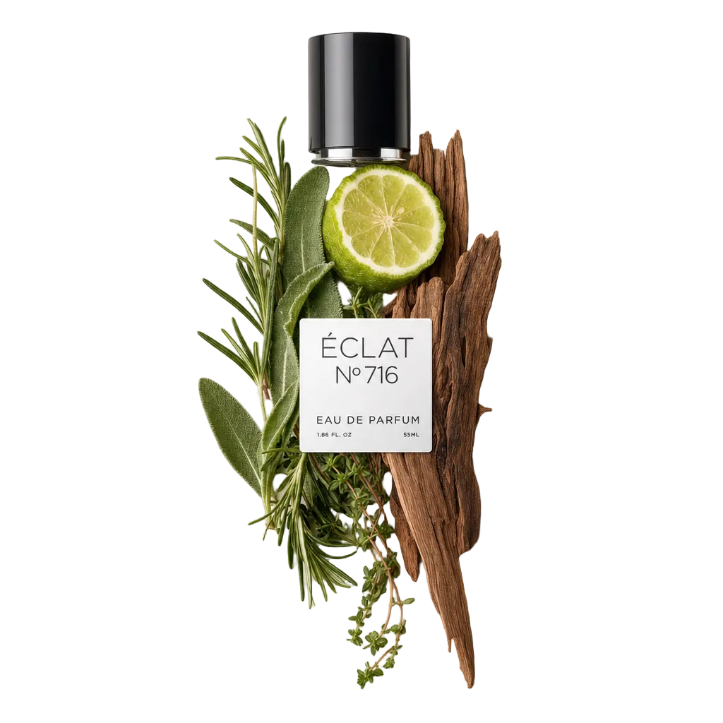 An arrangement of fresh rosemary, sage, lime, thyme, and wood notes surrounds a black cap with a label displaying ÉCLAT Citrus Herbs.