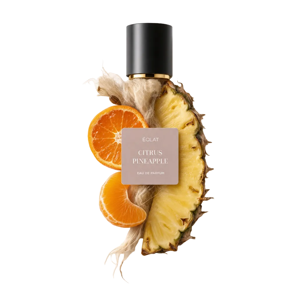 Arrangement de tranches d'ananas et de segments d'orange avec un bouchon noir étiqueté ÉCLAT Citrus Pineapple.