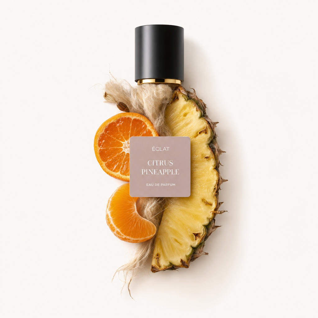 Arrangement of sliced pineapple and orange segments with a black cap labeled ÉCLAT Citrus Pineapple.