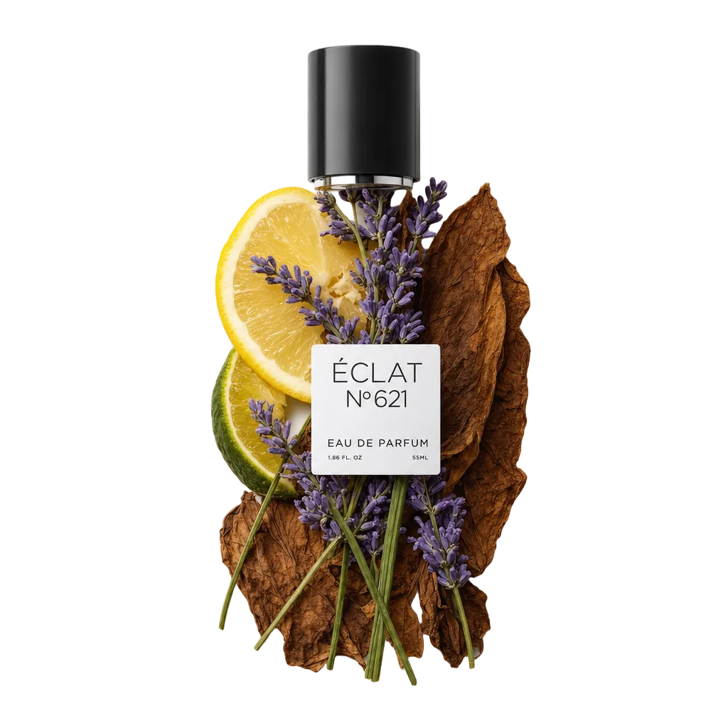Un agencement artistique de tranches de citron, brins de lavande, citron vert et feuilles séchées avec un capuchon noir portant l'étiquette ÉCLAT.