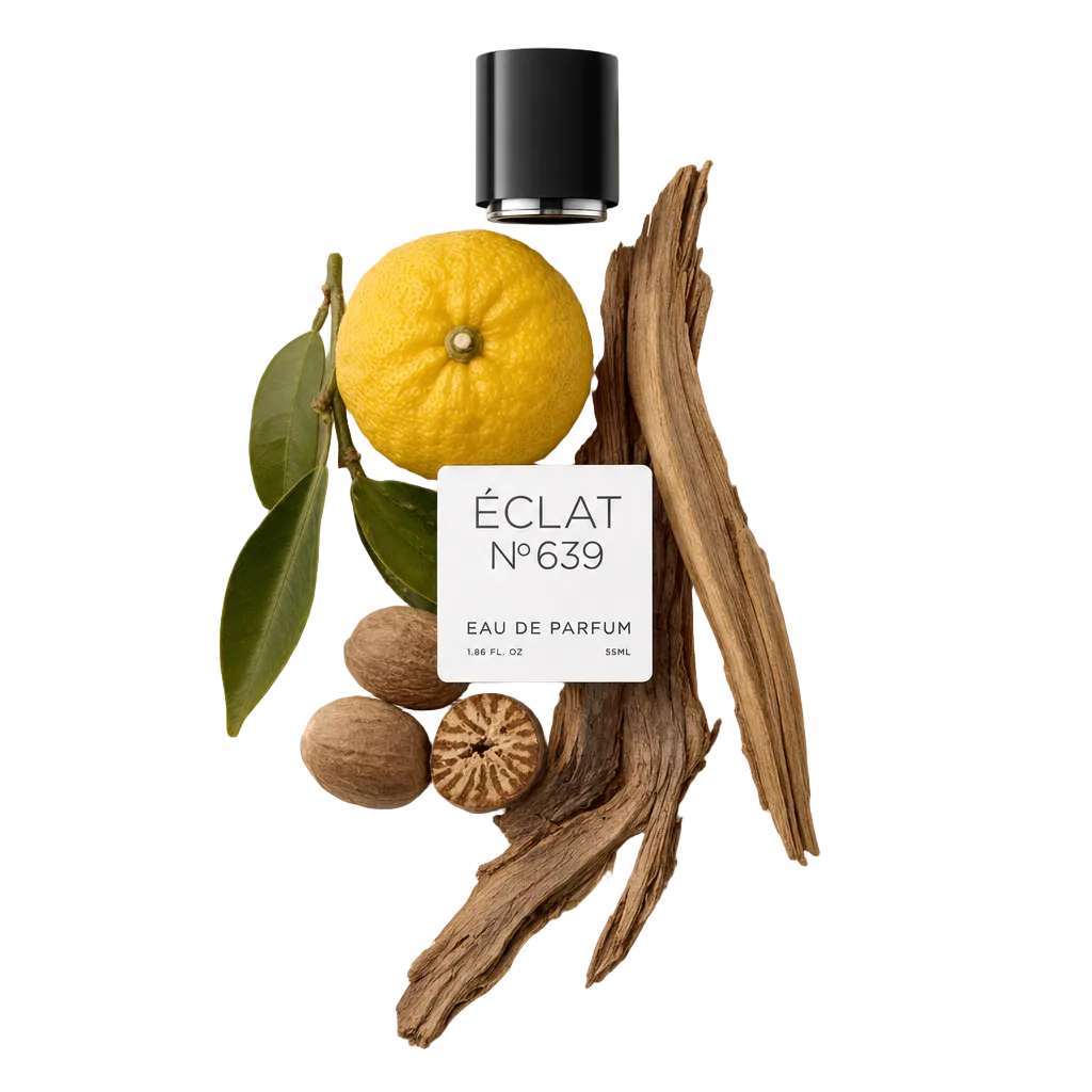 Een arrangement van een hele citroen, groene bladeren, hele en gesneden nootmuskaat, en stukjes sandelhout, met een zwarte dop met ÉCLAT Citrus Sandalwood etiket.
