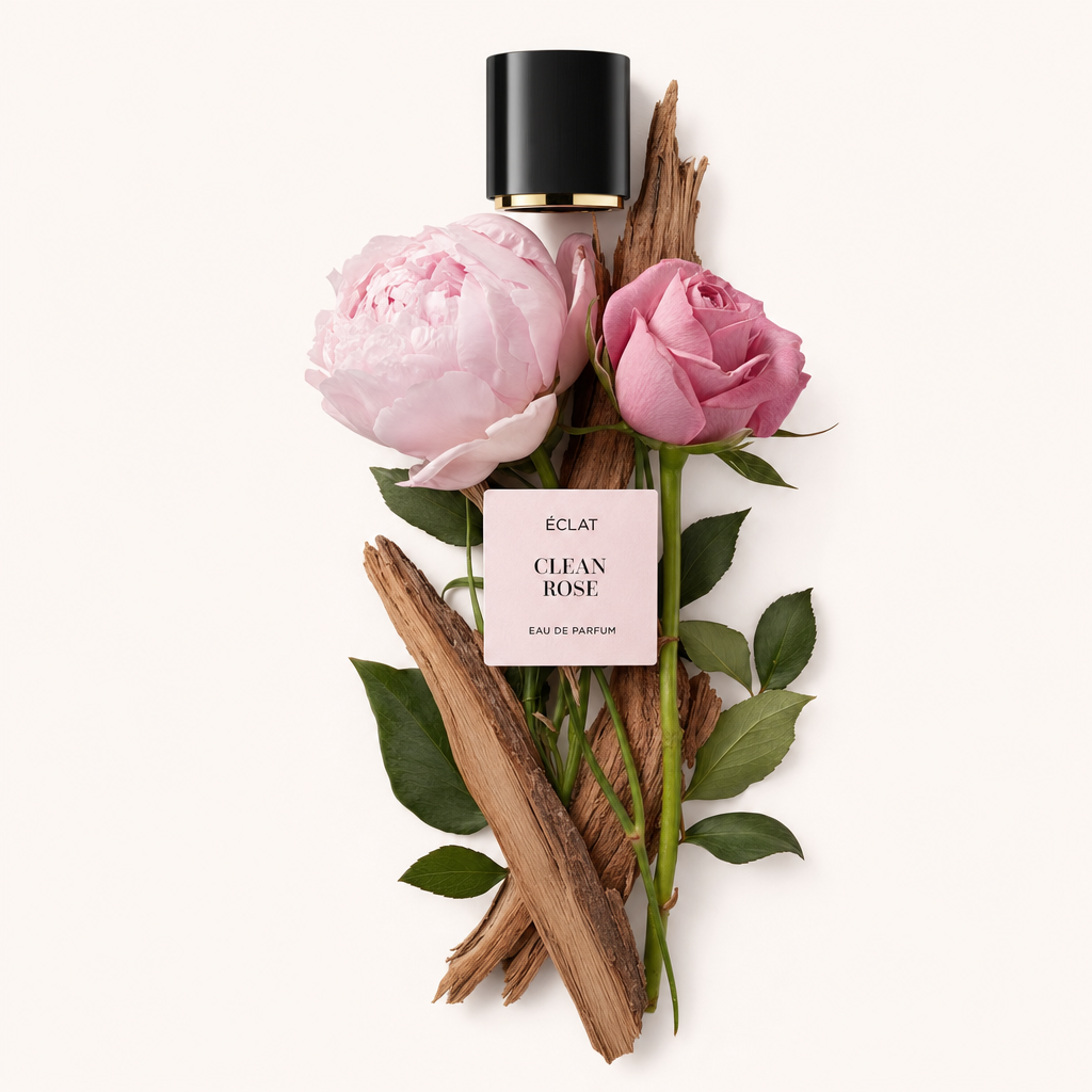 Un arrangement de pivoines roses et de rose rose entourées de feuilles vertes et de bâtons de bois, orné du bouchon noir d'origine avec une étiquette ÉCLAT Clean Rose.