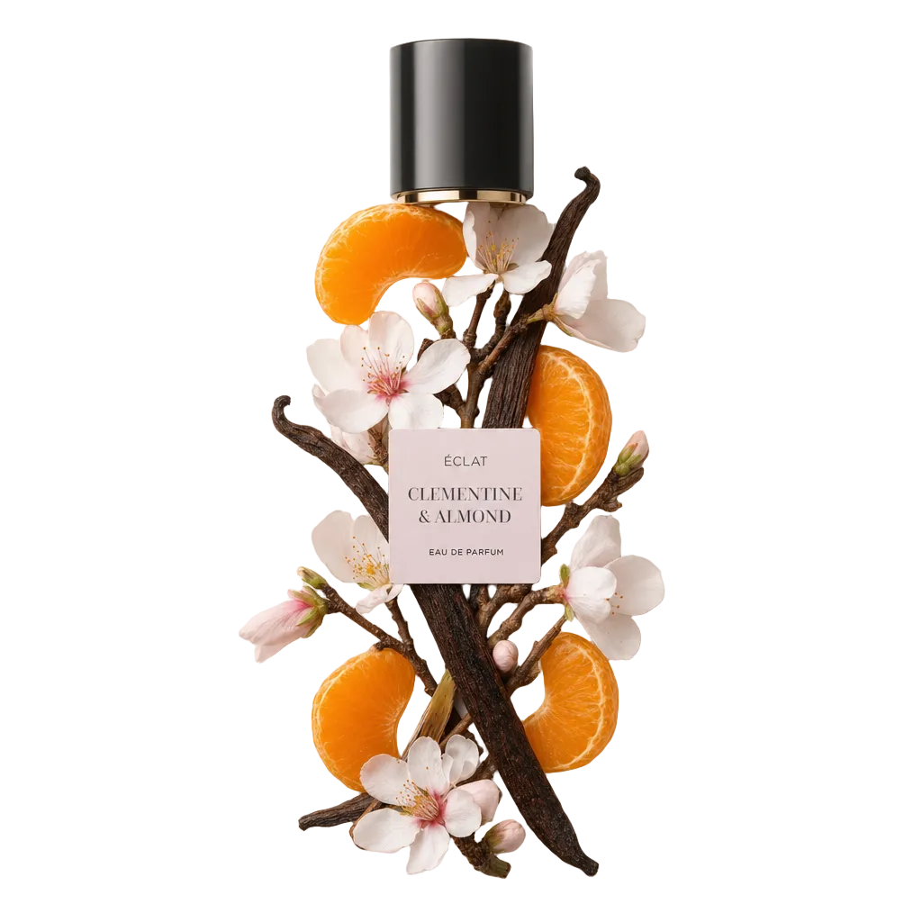 Un arrangement de tranches de clémentine, de fleurs d'amandier et de gousses de vanille entoure un bouchon noir avec une étiquette pour ÉCLAT Clementine & Almond.