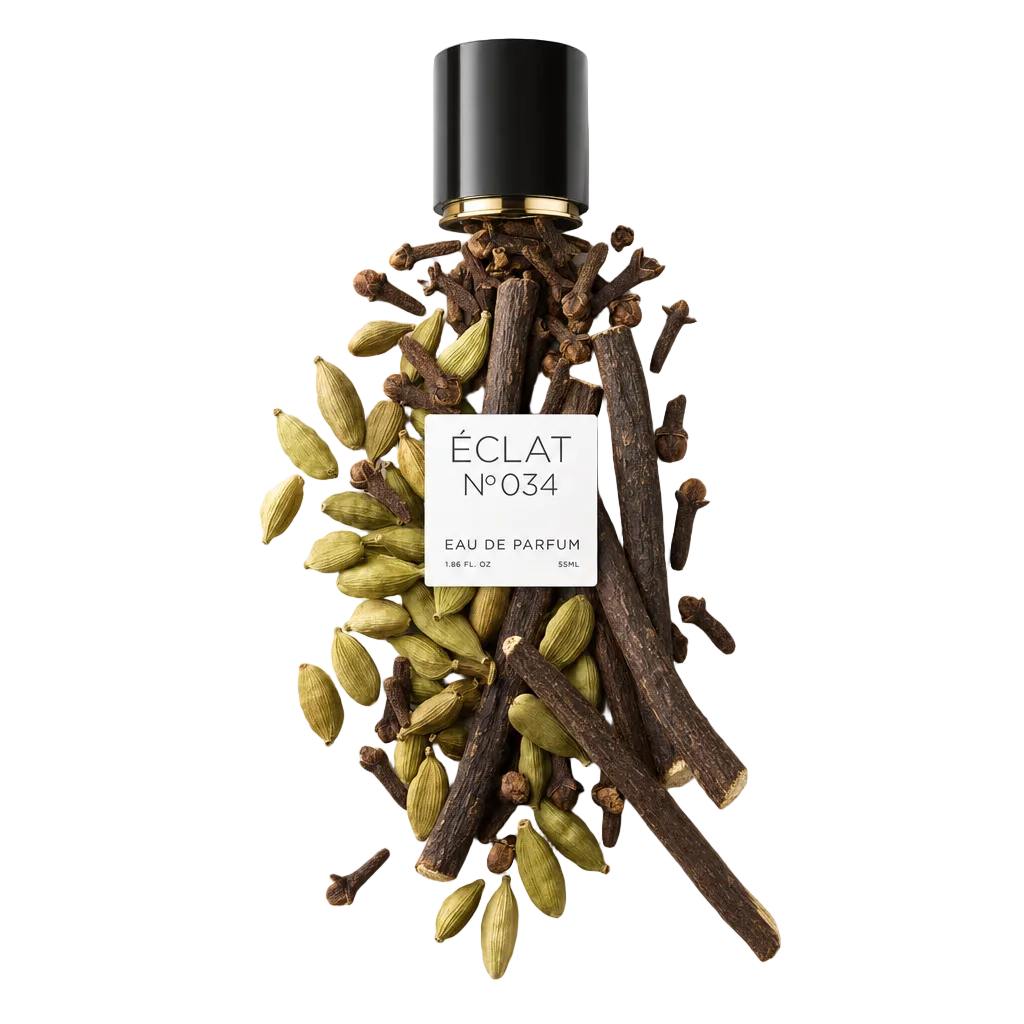 Una elegante disposición de vainas de cardamomo y clavos rodea una tapa negra con etiqueta, destacando ÉCLAT Cloves & Cardamom.