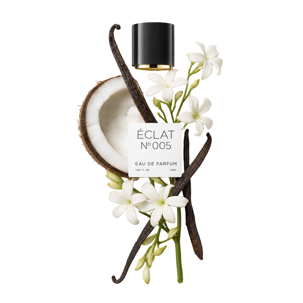 Een compositie van geurige ingrediënten, waaronder een gehalveerde kokosnoot, jasmijnbloemen en vanillepeulen, met ÉCLAT-zwarte dop bovenop.