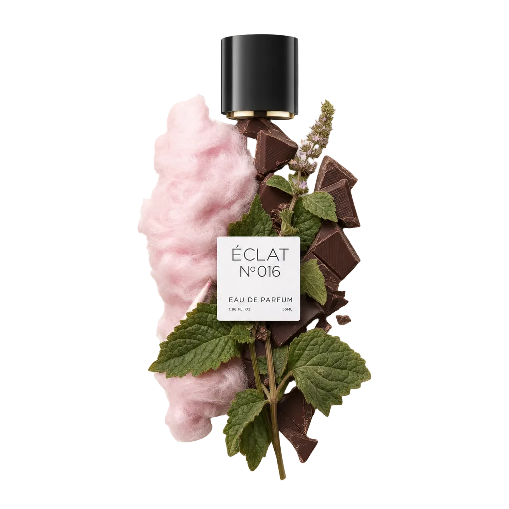 Een arrangement van roze suikerspin, chocoladestukjes en groene patchoulibladeren omringt een zwarte dop met etiket, die ÉCLAT Cotton Candy & Patchouli vertegenwoordigt.