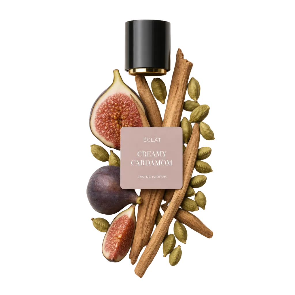 Una composición de higos frescos, ramas de canela y vainas de cardamomo rodea la tapa negra original con etiqueta de ÉCLAT Creamy Cardamom.