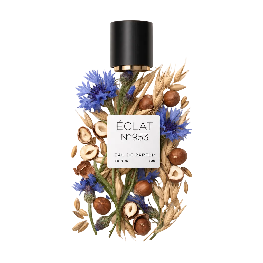 Une composition de bleuets et de noisettes entoure un capuchon noir avec un accent doré, affichant l'étiquette ÉCLAT Creamy Cornflower.
