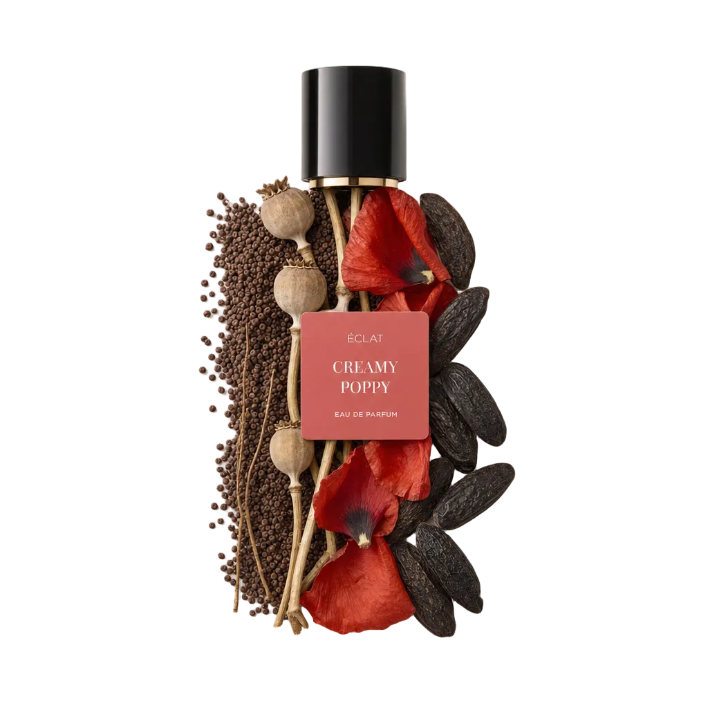 Een zwarte dop met een etiket bovenop een kunstzinnige schikking van klaprozenblaadjes, vanillepeulen en zaden. Het etiket luidt ÉCLAT Creamy Poppy.