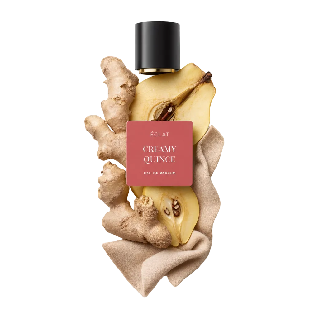 Een stilleven met gemberwortels en gesneden kweepeer, met een zwarte dop en etiket 'ÉCLAT Creamy Quince'.