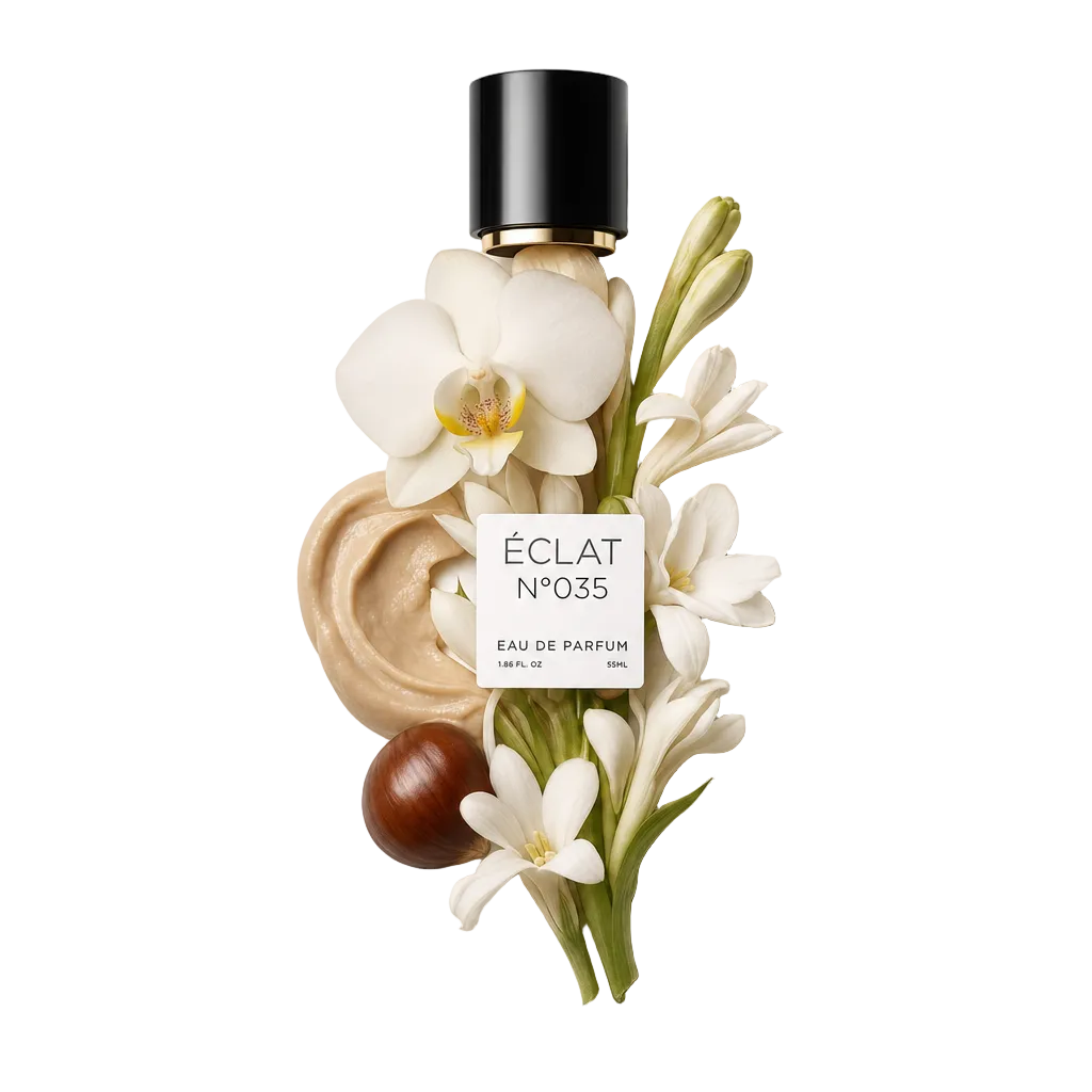 A composition of creamy texture, white tuberose flowers, and an orchid surrounds a black cap with a label for ÉCLAT Creamy Tuberose.