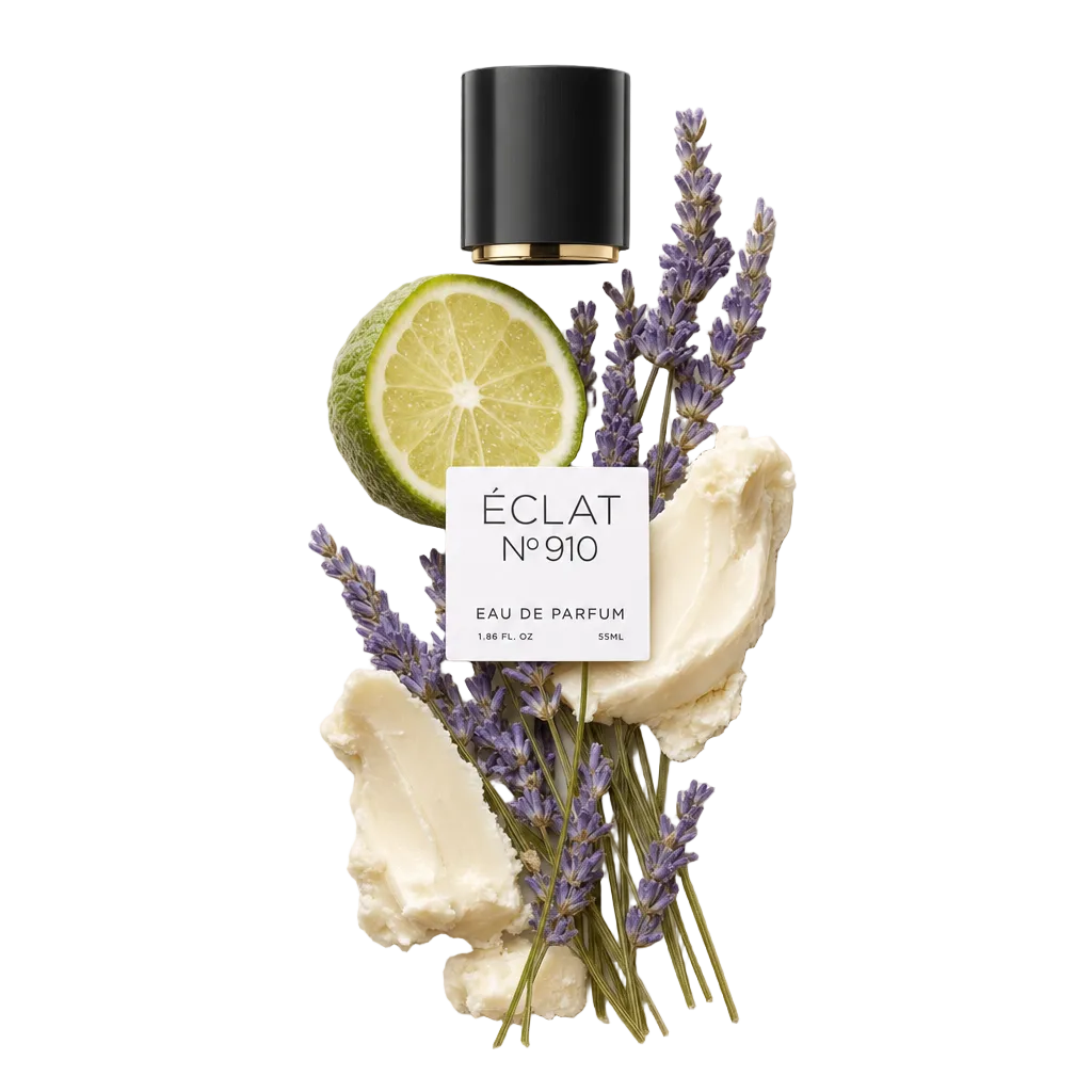 Un arreglo de ramitas de lavanda fresca, una lima en rodajas y crema suave junto a la tapa negra original con etiqueta ÉCLAT.