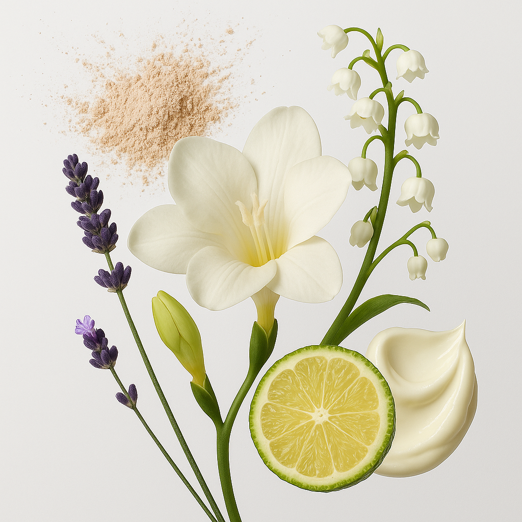 ÉCLAT Creamy White with freesia, lime, lavender, lily of the valley, cream texture, and powder accent on a light background.