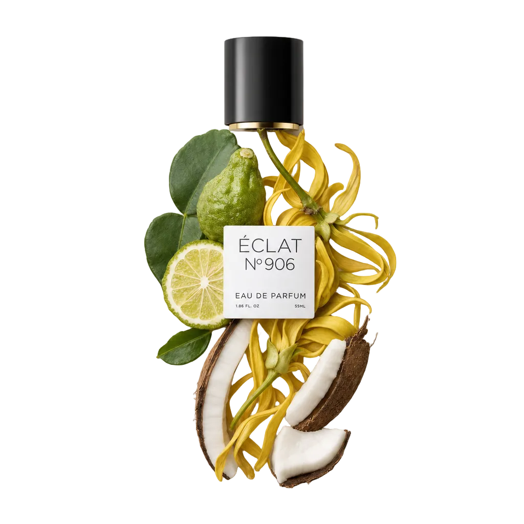 An arrangement of ylang-ylang flowers, bergamot, and coconut pieces surrounds a black cap with ÉCLAT 906 VIP label.