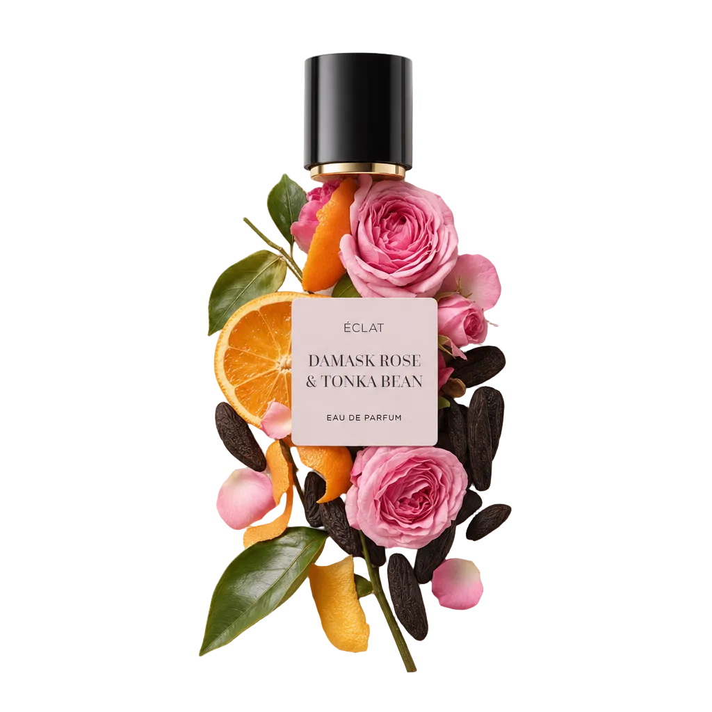 Une élégante composition de pétales de rose frais, de fèves tonka entières et de tranches d'orange vibrantes entoure un capuchon noir avec une étiquette affichant ÉCLAT Damask Rose & Tonka Bean.