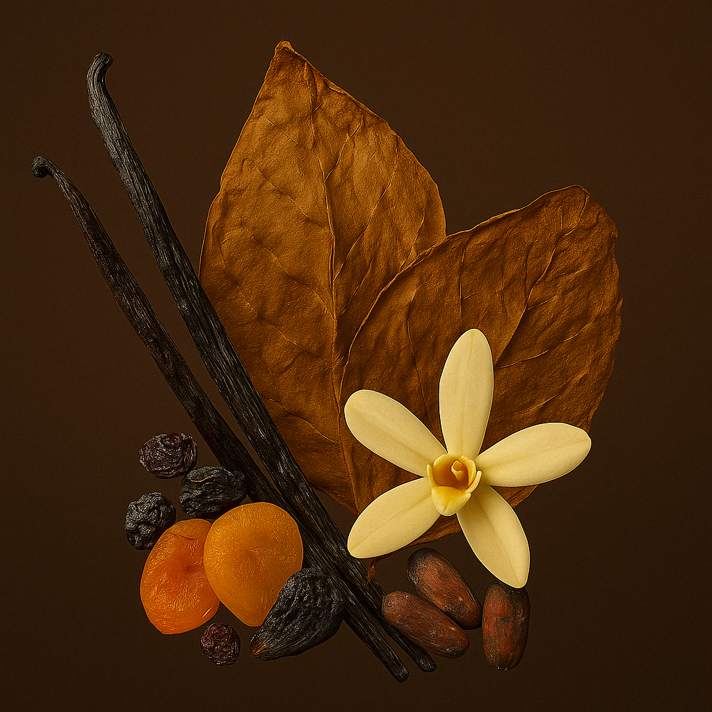Szárított dohánylevelek, vanília hüvelyek, sárgabarack, mazsola és tonkababok elegánsan elrendezve, bemutatva az ÉCLAT VIP - Dry Fruits, Vanilla & Tobacco illatjegyeit sötét háttéren.
