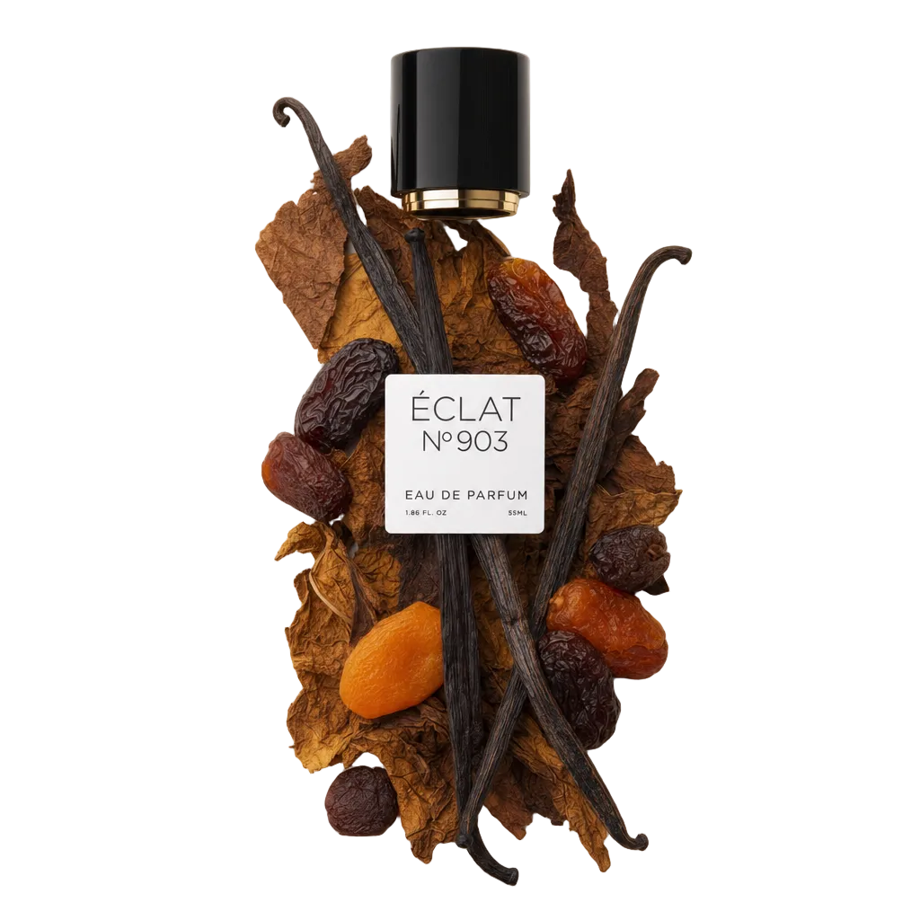 An arrangement of tobacco leaves, dried fruits, and vanilla pods surrounds a black cap with a label, representing ÉCLAT VIP - Dry Fruits, Vanilla & Tobacco.