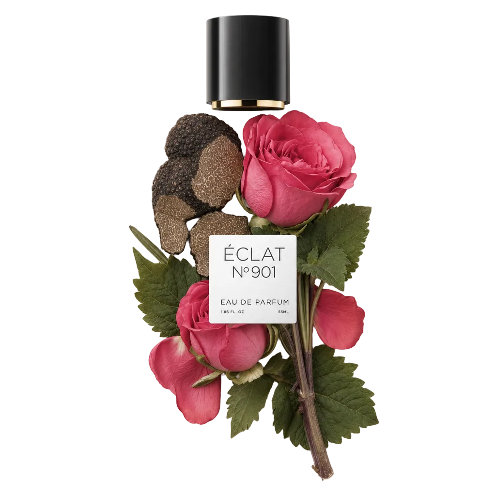 Un arrangement de roses roses vibrantes et de tranches de truffes terreuses entoure un capuchon noir avec une étiquette pour ÉCLAT VIP - Earthy Rose.