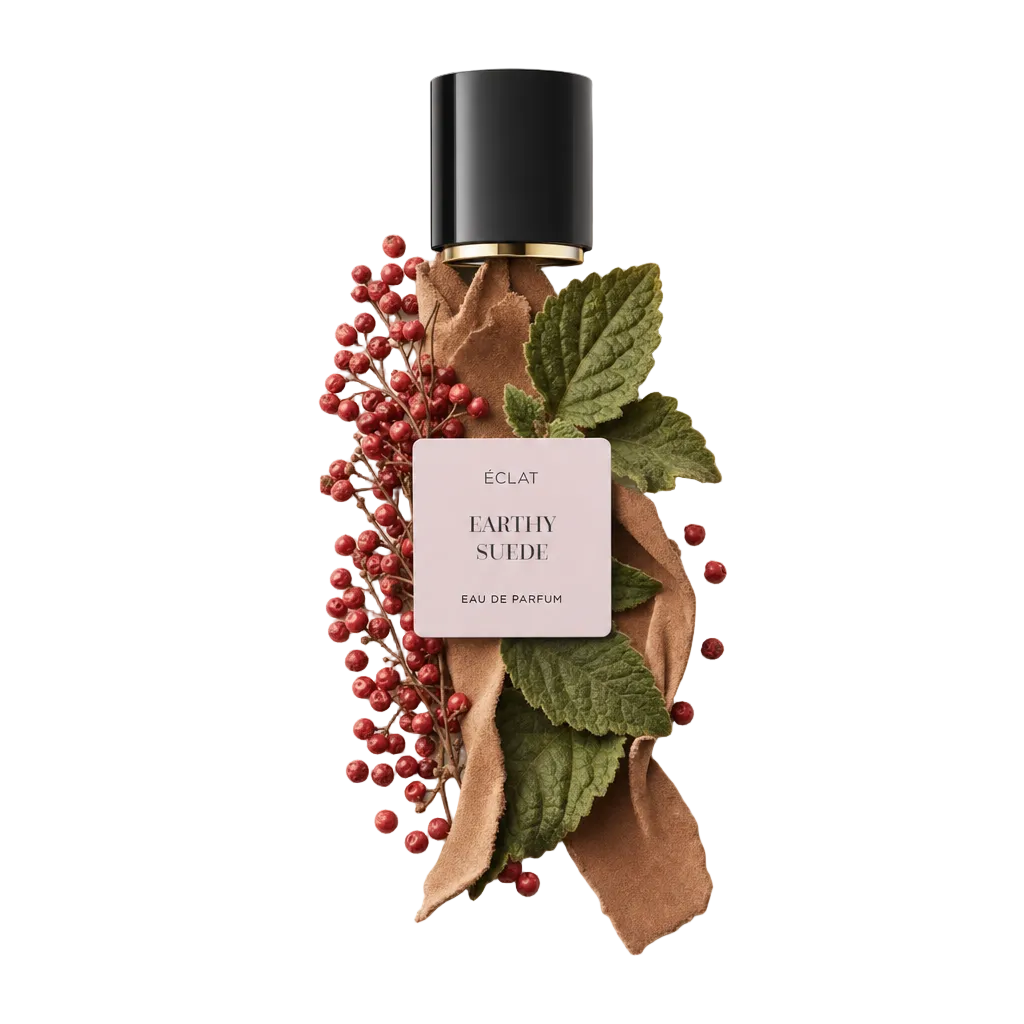 Een arrangement van rode bessen, suède-achtig stof en verse groene bladeren ligt onder een zwart dopje met ÉCLAT Earthy Suede label.