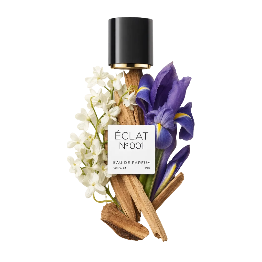 An artistic arrangement of white flowers, wooden sticks, and a purple iris encircle a black cap with a gold accent, labeled for ÉCLAT Floral Aldehydes.