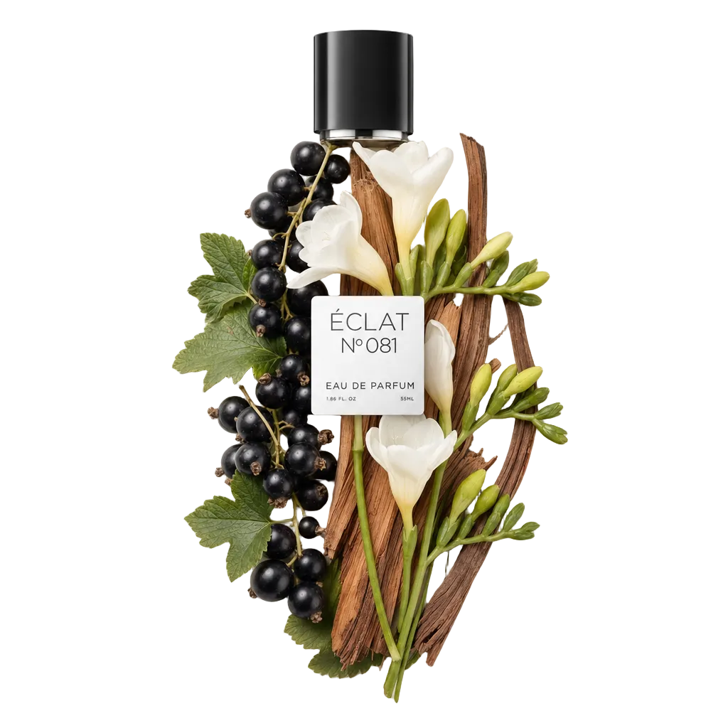 Een arrangement van zwarte bessen, witte bloemen, groene bladeren en houttakken omringt de originele zwarte dop met etiket van ÉCLAT Floral Blackberry.