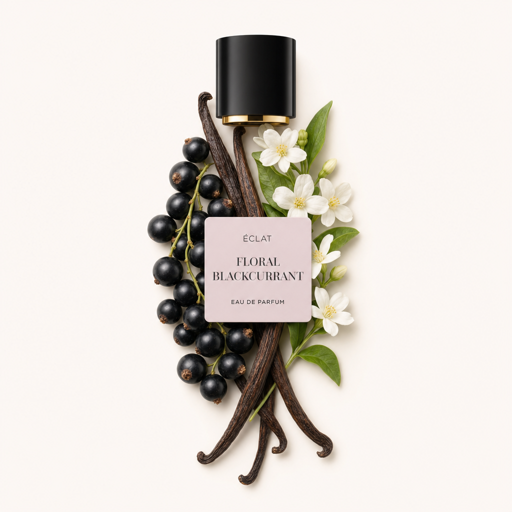 An arrangement of blackcurrant berries, vanilla pods, and white flowers surrounds a black cap with ÉCLAT Floral Blackcurrant label.