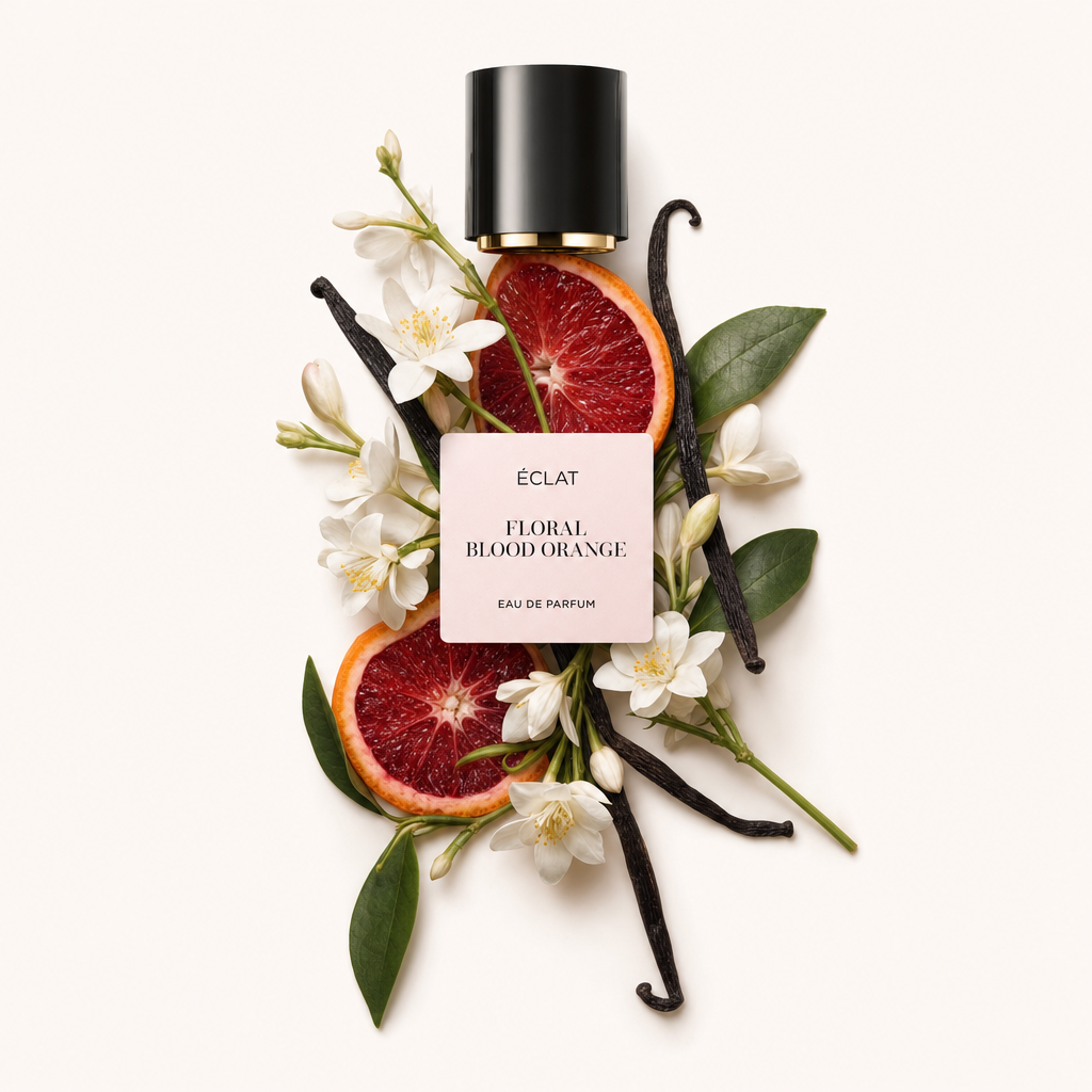 Un arrangement de tranches d'orange sanguine, de fleurs blanches et de gousses de vanille, surmonté d'un capuchon noir avec une étiquette ÉCLAT Floral Blood Orange.