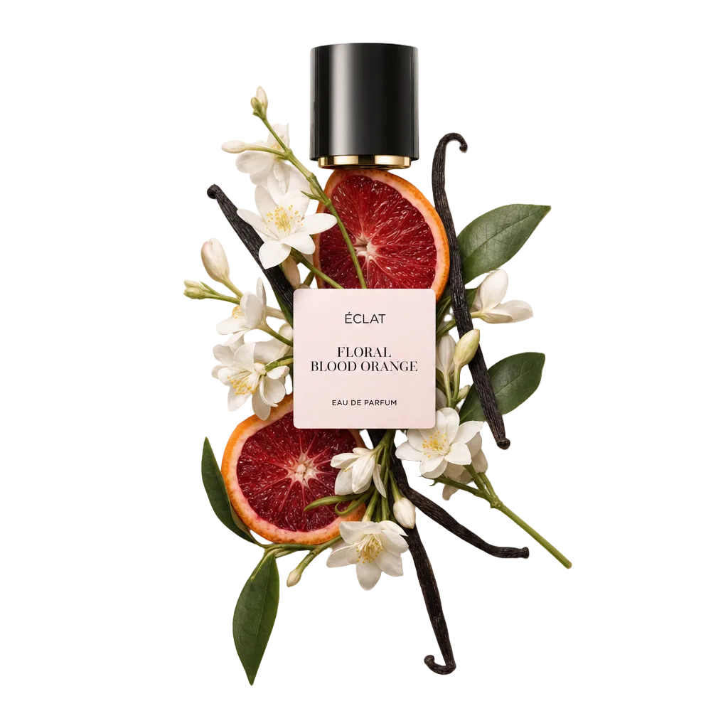 An arrangement of fresh blood orange slices, white blossoms, and vanilla pods, topped with a black cap with a label reading ÉCLAT Floral Blood Orange.