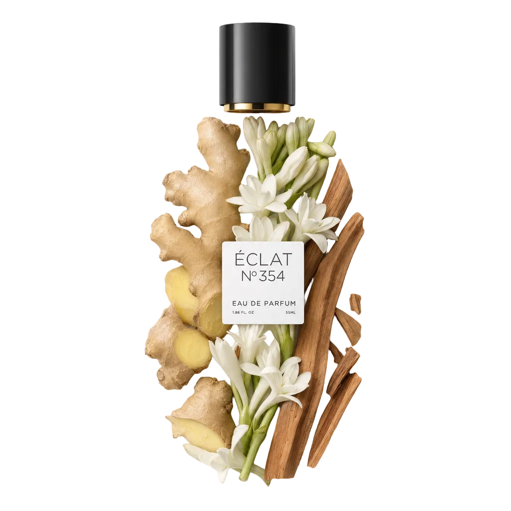 Een arrangement van gemberwortels, witte bloemen en kaneelstokjes onder een zwarte dop met het etiket ÉCLAT Floral Ginger.