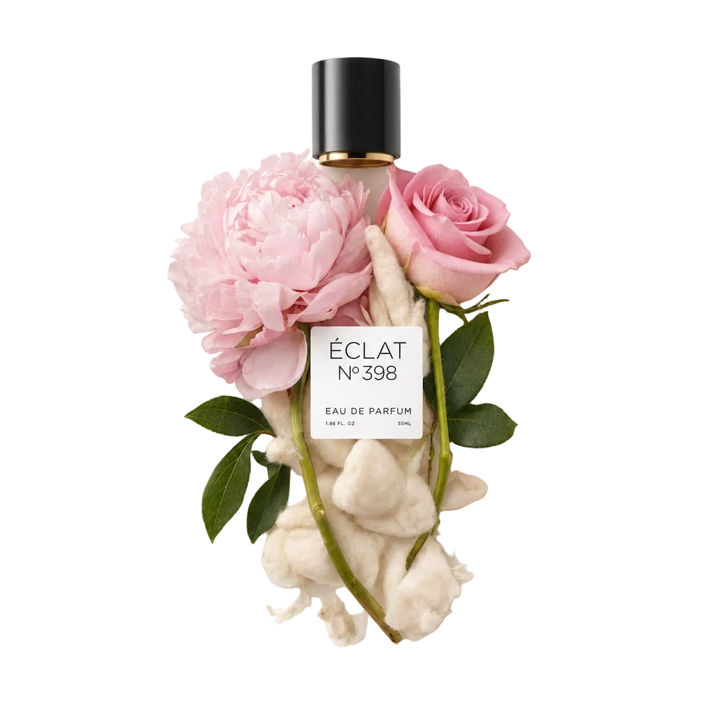 Une nature morte disposée à la main avec une pivoine et une rose roses délicates, accompagnées de coton doux, entourant un capuchon noir avec étiquette ÉCLAT Floral Musk.