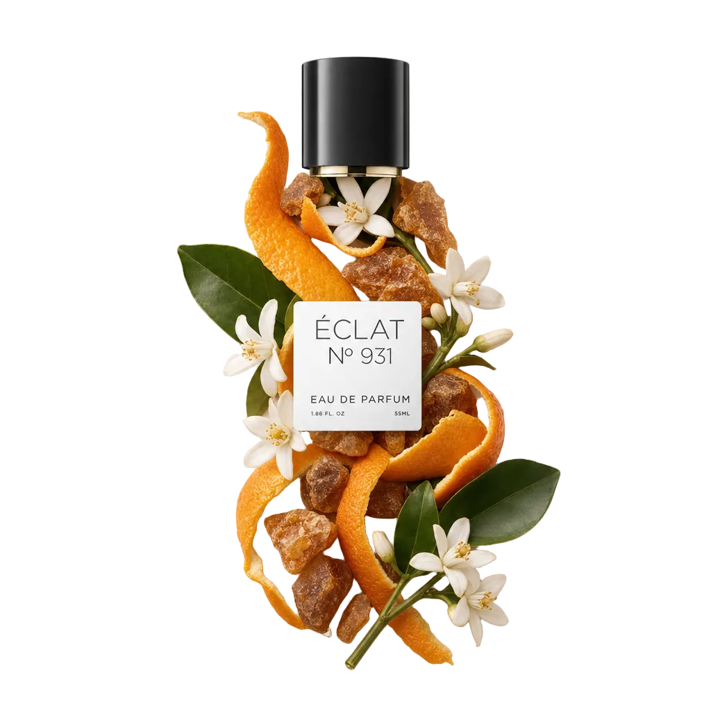 An arrangement of orange peels, white blossoms, and resin pieces surrounds a black cap with a label, ÉCLAT Floral Neroli.