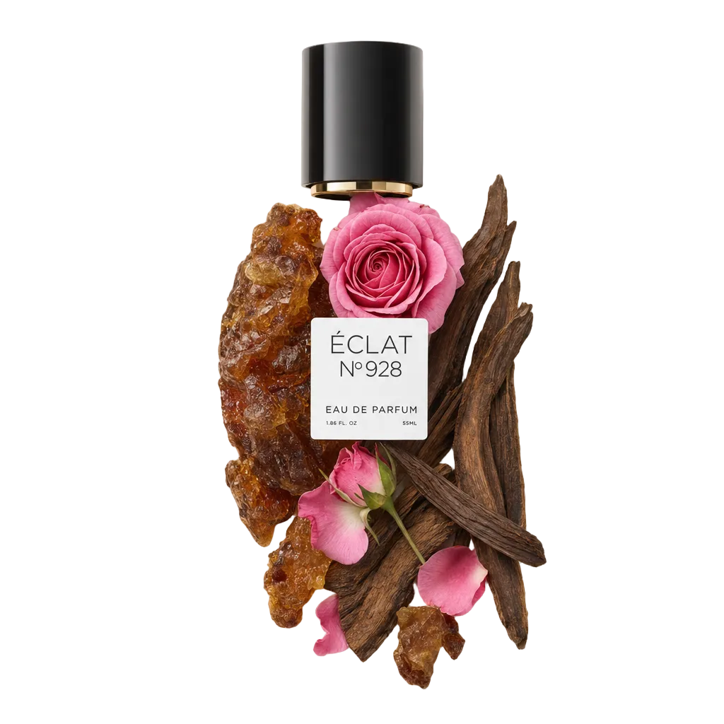 Un arrangement des ingrédients d'ÉCLAT Floral Oud avec un bouchon noir et une étiquette, comprenant une rose rose, du bois d'oud et de la résine d'ambre.