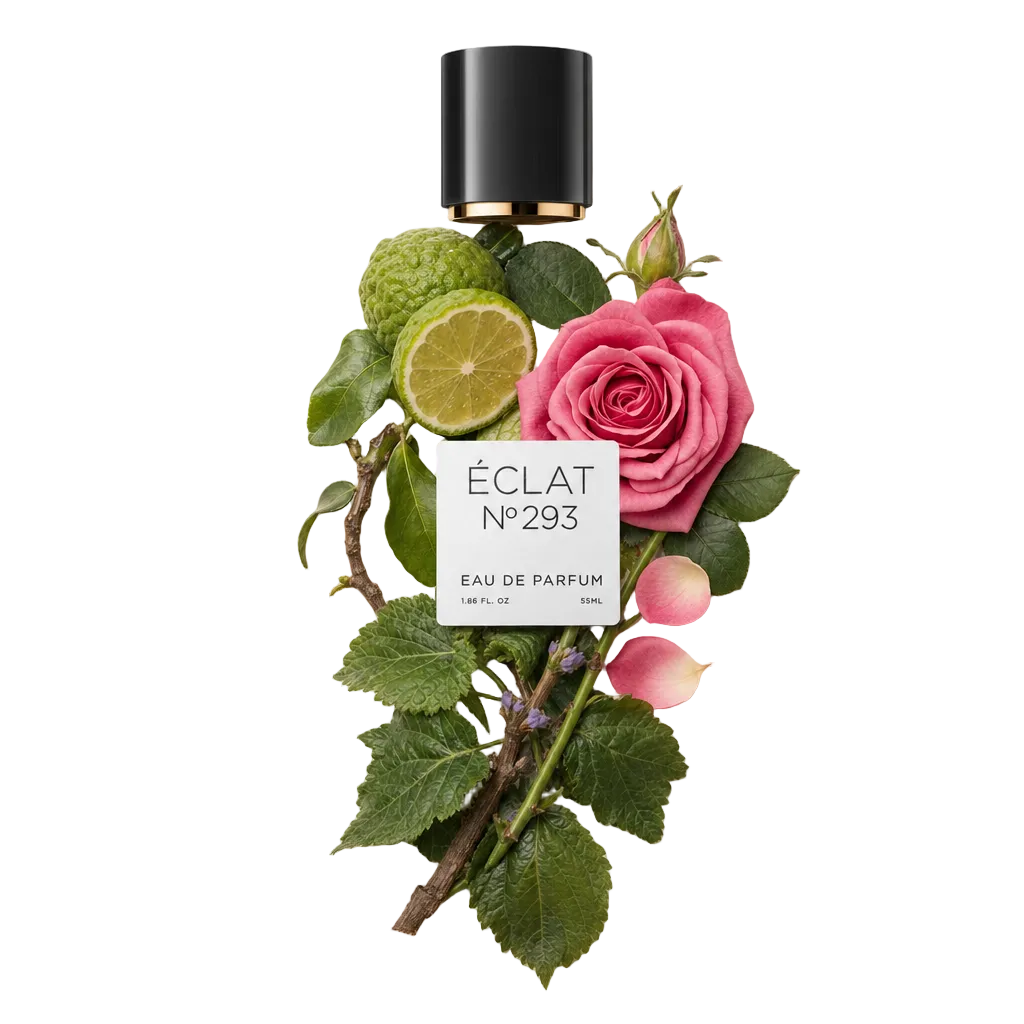 Un capuchon noir avec une étiquette repose sur un arrangement de rose rose, de tranches de lime et de feuilles vertes, représentant ÉCLAT Floral Patchouli.