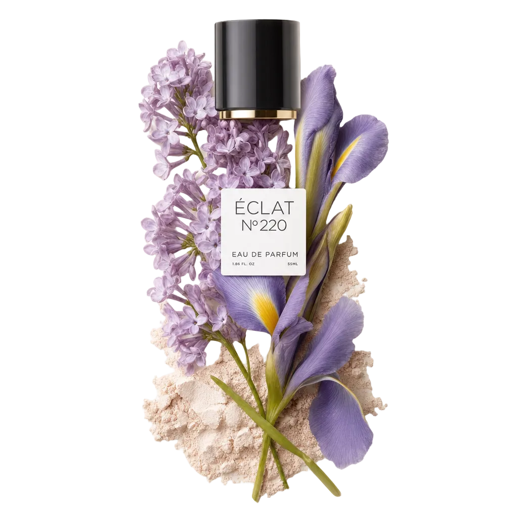 Een arrangement van delicate seringen- en irisbloemen met een vleugje zachte poeder omringt de originele ÉCLAT dop met een elegant etiket.